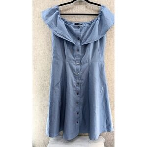 Saks Fifth Avenue Off Shoulder Button Front Dress Blue Linen Cotton Blend Sz 14